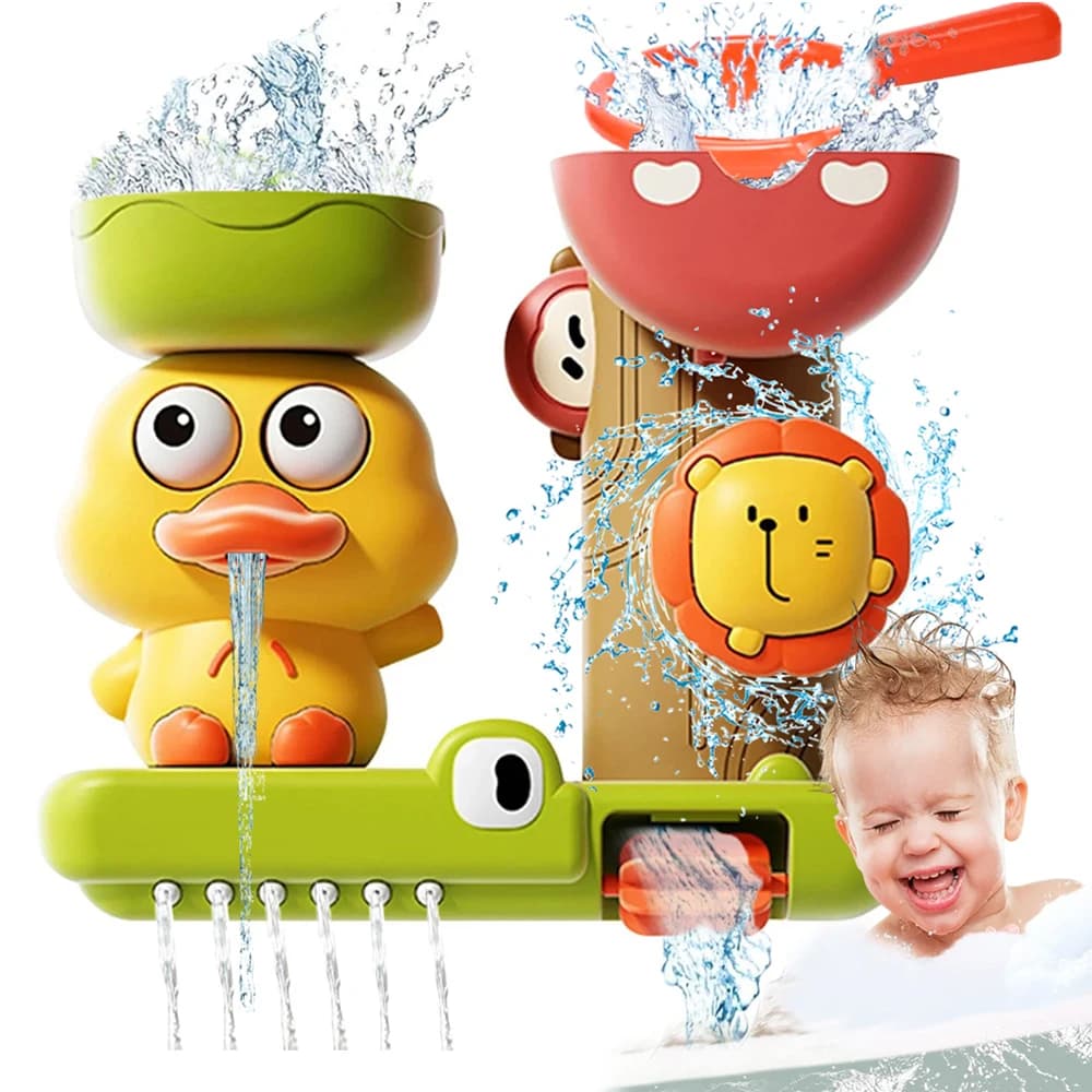 Interaktywna Kaczka do Kąpieli z Przyssawkami - Kolorowe Wielofunkcyjne Zabawki do Wanny, Zestaw z Łopatką i Figurkami Zwierząt (Kaczka, Lew)
